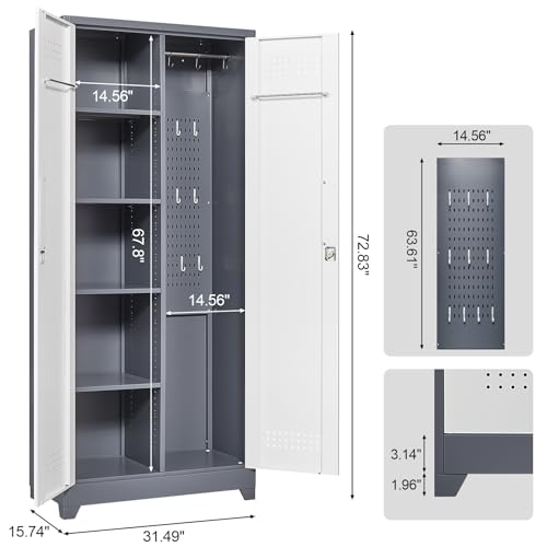 Broom Closet, 72" Broom Closet Storage Cabinet with Lock, Metal Tool Storage Cabinets with Pegboard, Cleaning Supply Storage Cabinets with Shelves for Home, Garage, Utility Room, Greywhite