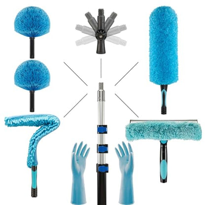20 Foot Fan Cleaner High Ceiling 2 Cobweb Dusters with Heavy Duty Extension Pole, Window Squeegee Kit, Household Cleaning Gloves(12ft) - size: 12ft