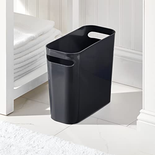 mDesign Plastic Small Trash Can, 1.5 Gallon/5.7-Liter Wastebasket, Narrow Garbage Bin with Handles for Bathroom, Laundry, Home Office - Holds Waste, Recycling, 10" High, Aura Collection, Black - color: Black