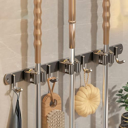 Wall-Mounted Broom Holder Stainless Steel Mop Storage Rack Laundry Room Storage Solution Suitable for Kitchens, Gardens, Garages (Gray: 3 clips with 4 hooks) - color: Gray: 3 clips with 4 hooks