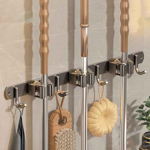 Wall-Mounted Broom Holder Stainless Steel Mop Storage Rack Laundry Room Storage Solution Suitable for Kitchens, Gardens, Garages (Gray: 3 clips with 4 hooks) - color: Gray: 3 clips with 4 hooks