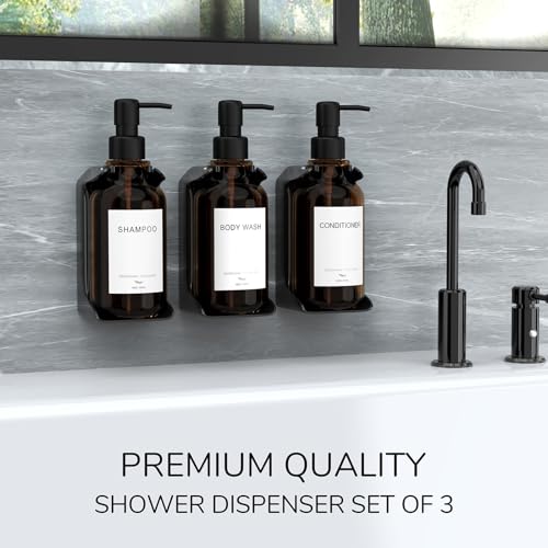 Modern Shampoo and Conditioner Dispenser - Shower Soap Dispenser Wall Mounted - 3-Pack 16 oz Plastic Amber Bottles with Black Pumps - Stylish Shampoo Dispenser, Shower Dispenser 3 Chamber No Drill - color: Amber