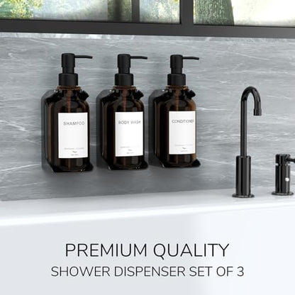 Modern Shampoo and Conditioner Dispenser - Shower Soap Dispenser Wall Mounted - 3-Pack 16 oz Plastic Amber Bottles with Black Pumps - Stylish Shampoo Dispenser, Shower Dispenser 3 Chamber No Drill - color: Amber