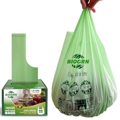 Compostable Trash Bags 1.2-1.6 Gallon Handle Tie 50 Count 0.6 Mil 6.06 Liter Small Compost Bags for Countertop Bin Biodegradable Bags Green for Kitchen ASTM D6400 & BPI Certified, OK Compost Home - color: 1.6 Gal, Handles Bags, 50 Count