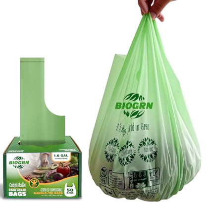 Compostable Trash Bags 1.2-1.6 Gallon Handle Tie 50 Count 0.6 Mil 6.06 Liter Small Compost Bags for Countertop Bin Biodegradable Bags Green for Kitchen ASTM D6400 & BPI Certified, OK Compost Home - color: 1.6 Gal, Handles Bags, 50 Count
