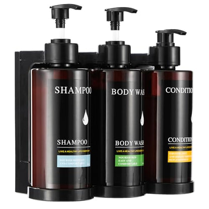 Pollock Shampoo and Conditioner Dispenser Wall Mounted, Shower Soap Dispenser 2 Chamber No Drill, Shampoo Dispenser for Shower, Body Wash Dispenser for Bathroom, Large Capacity, (Brown 3 Chamber) - color: Brown 3 Chamber