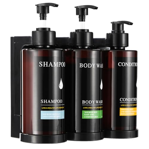Pollock Shampoo and Conditioner Dispenser Wall Mounted, Shower Soap Dispenser 2 Chamber No Drill, Shampoo Dispenser for Shower, Body Wash Dispenser for Bathroom, Large Capacity, (Brown 3 Chamber) - color: Brown 3 Chamber