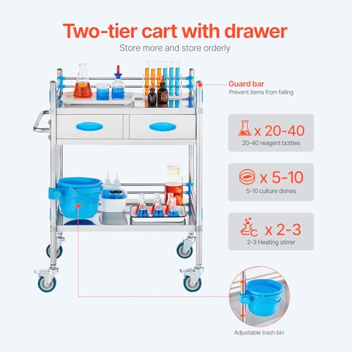 VEVOR Stainless Steel Utility Cart, 2 Layers with Two Lockable Wheels, Ideal for Laboratory, Hospital, Dental Use - size: 2-tier shelves with 2 drawer