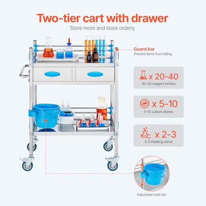 VEVOR Stainless Steel Utility Cart, 2 Layers with Two Lockable Wheels, Ideal for Laboratory, Hospital, Dental Use - size: 2-tier shelves with 2 drawer