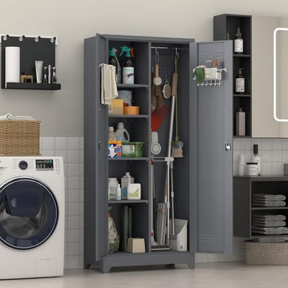 Metal Tool Storage Cabinet, Broom Closet with Hooks, 72.8" Tall Garage Cabinet with Shelves, Heavy-Duty Cleaning Storage for Utility Room, Gym, Office, Garage - color: 73"h-broom Cabinet / Grey