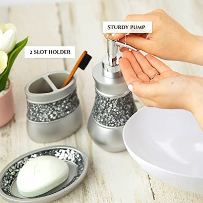 Crackled Glass Silver Toothbrush Holder And Toothpaste Holder For Bathroom - Elegant Crackled Glass Bathroom Toothbrush Organizer - Decorative 2 Slot Family Toothbrush Cup Holds Multiple Toothbrushes - style: Toothbrush Holder