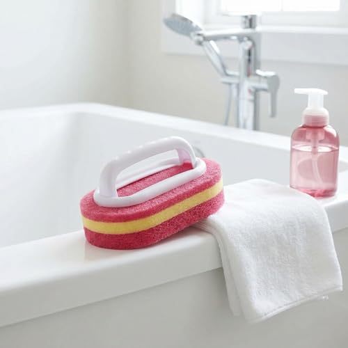 Multifunctional Cleaning Brush with Handle, Thick Sponge Scrubber for Kitchen, Bathroom, Bathtub, Sink & Floor, 1 Pack (Pink) - color: Pink