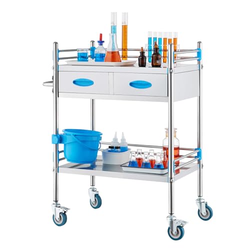 VEVOR Stainless Steel Utility Cart, 2 Layers with Two Lockable Wheels, Ideal for Laboratory, Hospital, Dental Use - size: 2-tier shelves with 2 drawer