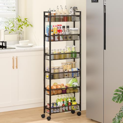 ThreeHio 6 Tier Slim Storage Cart, Narrow Cart with Wheels, Metal Mobile Shelving Unit Organizer for Kitchen, Bathroom, Laundry Room, Living Room & Narrow Spaces, Black, 6in(W) - color: Black, size: 6 Tier(6 inches)