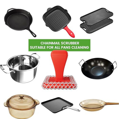 TOPULORS Cast Iron Scrubber Cleaner & 316L Stainless Steel Chainmail Scrubber with 2 Scrapers, Ergonomic Silicone Handle Brush for Pans Skillets Grills Dishes Cleaning - Non-Scratch Rust-Proof - Red