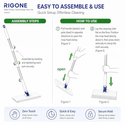 RIGONE Snap Grip Mop Kit, Hands-Free Flat Mop with One-Press Clip, 49" Wet Dry Floor Cleaner, Use Any Cloth, Towel or Rag, 34-Piece Set for Hardwood Tile Wall Window Home Cleaning
