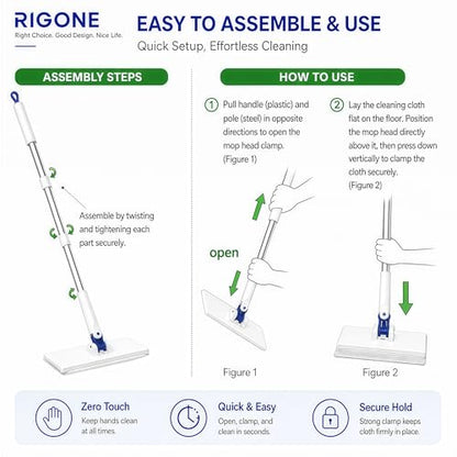 RIGONE Snap Grip Mop Kit, Hands-Free Flat Mop with One-Press Clip, 49" Wet Dry Floor Cleaner, Use Any Cloth, Towel or Rag, 34-Piece Set for Hardwood Tile Wall Window Home Cleaning