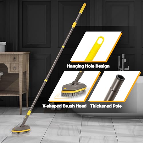 NEWE Shower Cleaner Brush, Tub Tile Scrubber with Telescopic Long Handle 56 inches, 4 Scrub Heads for Cleaning Bathroom Bathtub Floor Baseboard Sink Kitchen Toilet (Brown Yellow) - color: Brown Yellow