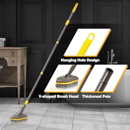 NEWE Shower Cleaner Brush, Tub Tile Scrubber with Telescopic Long Handle 56 inches, 4 Scrub Heads for Cleaning Bathroom Bathtub Floor Baseboard Sink Kitchen Toilet (Brown Yellow) - color: Brown Yellow