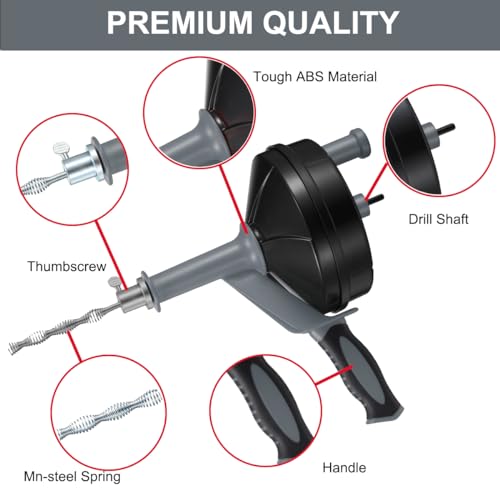 Drain Auger, Clog Remover with Drill Adapter, 25 Feet Flexible Plumbing Snake Use Manually or Powered(Gray) - color: Gray