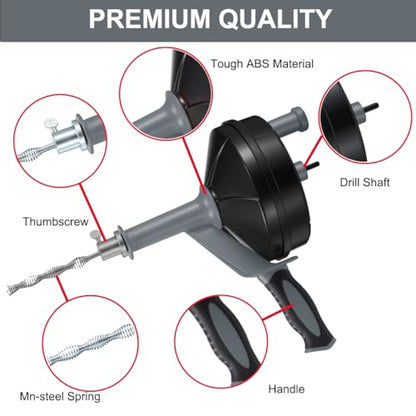 Drain Auger, Clog Remover with Drill Adapter, 25 Feet Flexible Plumbing Snake Use Manually or Powered(Gray) - color: Gray