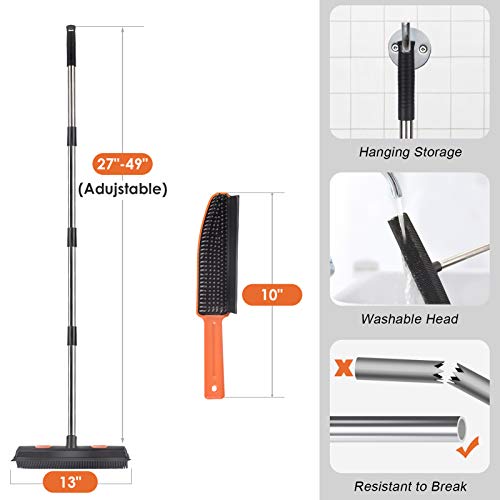 Conliwell Rubber Broom Carpet Rake for Pet Hair, Fur Remover Broom with Squeegee, Portable Detailing Lint Remover Brush (Stainless 4 Steel Handle) - color: Orange