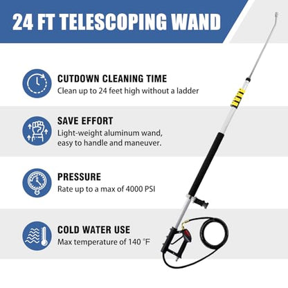 JANZ 24 FT Pressure Washer Telescoping Wand with Power Washer Extension Wands, Brush Head, Gutter Cleaner, 7 Spray Nozzle Tips, 2 Hose Adapters and Support Belt TW-004