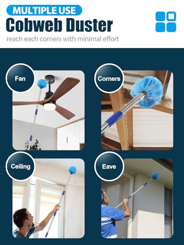Cobweb Duster with Extension Pole, 10 ft Spider Web Brush for Outdoor House Cleaning, Cob Web Remover for High Ceilings Fans, Medium-Stiff Bristles Head, Adjustable Long Handle, Lightweight Cleaner - size: 10 FT
