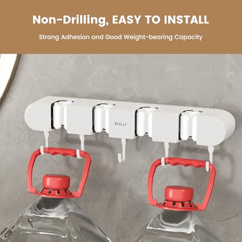 2Pcs Broom Holder Wall Mount, No-Drilling Self-Adhesive Mop and Broom Storage Rack with Hooks (4 Racks with 5 Hooks), Wall-Mounted Broom Hanger for Bathroom, Kitchen, Closet, Garage (White ﻿) - color: White ﻿