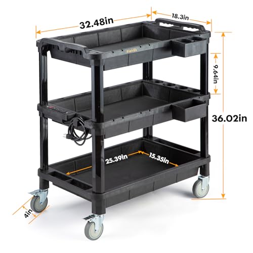 ELAFROS Multi-Use Rolling Cart with Power Strip – Industrial-Grade Plastic Utility Cart with 3 Deep Plastic Shelves, 500 lbs Capacity, 32.4"x18.3", Work cart, Black - style: With Power Strip