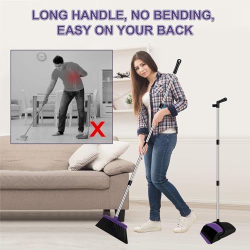 Broom with Dustpan Combo Set and Silicone Air Broom Kit, 51" Long Handle Floor Squeegee, Purple Household Kit for Glass Window Rugs Pet Hair Home - color: Purple