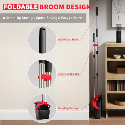 Broom with Dustpan Combo Set, Dust Pans with Long Handle for Upright Sweeping, Standing Broom and Dustpan Set with Self-Cleaning Teeth for Home, Kitchen & Office Floors(Red & Black) - color: Red & Black