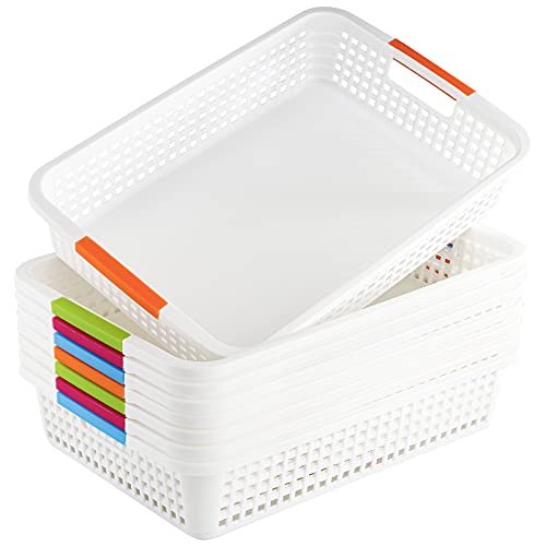 Lawei 8 Pack Large Plastic Storage Basket with Handle - 15 x 10 x 3 Inch Pantry Organizer Basket Bins Desktop Paper Storage Basket for Organization, Countertops, Cabinets, Bedrooms, Bathrooms