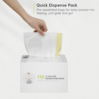 EKO 21 Gallon / 50-90 Liter,110 CountDrawstring Trash Bags, Extra-Strong Unscented Garbage Bags, Easy-Dispense Roll for Kitchen & Household Use, Resists Tears, Leaks and Punctures, Code G, White - size: 110 Count (Pack of 1), style: 21 Gallon Bags/Code G