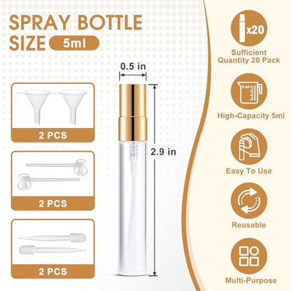 Mini Glass Spray Bottle 20pcs 5ml Clear Spray Bottle Empty, Fine Mist Refillable Mini Perfume Spray Bottle, Perfume Atomizer, Travel Spray Bottle For Hair, Small Empty Sample Containers Portable - style: Spray Bottle5ml-20P