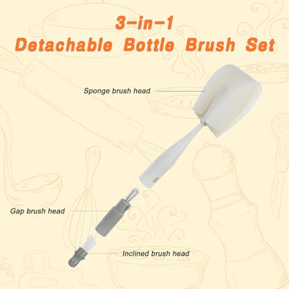 3 in 1 Water Bottle Brush, 11" Length Detachable Long Handle Cup Cleaning Brush with Head Sponge, Nylon Bristle & Crevice Tool for Deep Cleaning of Teacups Mugs Wine Glasses(White) - color: White