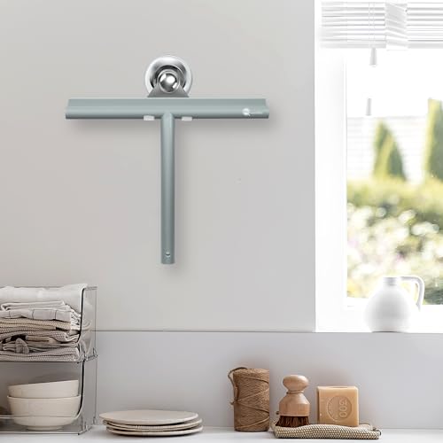 9 Inch Stainless Steel Core Silicone Shower Squeegee with Suction Cup & Hook Streak-Free Wiper for Glass Doors Shower Walls Mirrors Windows Bathroom Cleaning (Grey) - size: Round Head-9 inch（Grey）