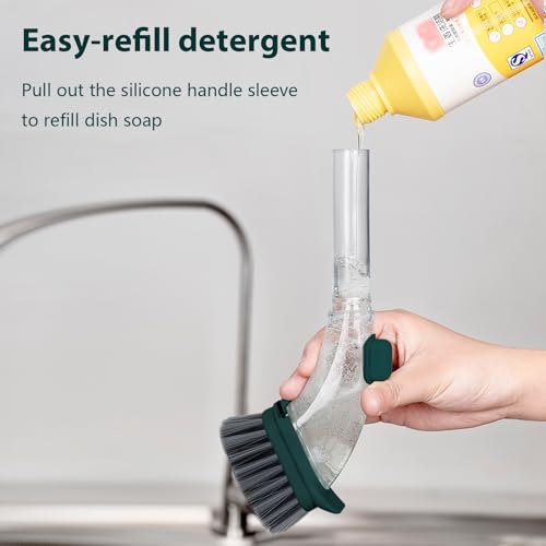 DAPOWER Soap Dispensing Dish Brush with Handle, Kitchen Scrub Brush for Dishes Pots Pans Sink Cleaning (Dark Green) - color: Dark Green