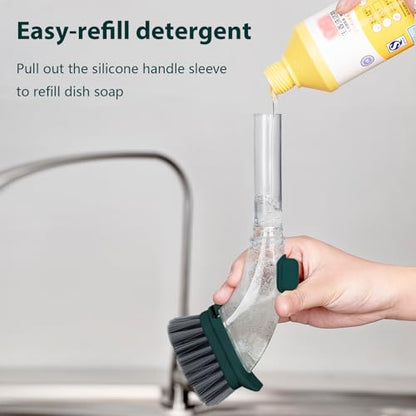DAPOWER Soap Dispensing Dish Brush with Handle, Kitchen Scrub Brush for Dishes Pots Pans Sink Cleaning (Dark Green) - color: Dark Green