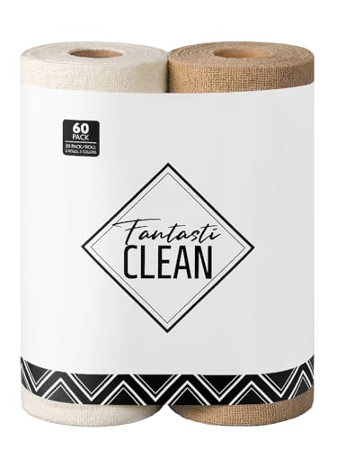 Fantasticlean Microfiber Cleaning Cloth Roll -60 Pack, Tear Away Microfiber Towels, 12" x 12", Reusable, Washable, Scratch Free, Ultra Absorbent Dishcloth for All-Around Cleaning (Beige & Tan) - color: Beige and Tan, size: 60 pack