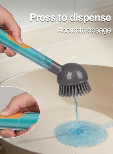Soap Dispensing Dish Brush with Handle, 360° Rotating Head, 5-Piece Kitchen Cleaning Set (2 Brush Heads & 3 Sponges), Non-Scratch Scrubber for Pot, Pan, Sink, Leak-Proof Dishwand, Grey