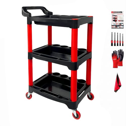 Auto Detailing Cart with Wheels, 3 Tier Rolling Detail Cart, Car Wash Organizer for Detailers Garage, Workshop, Repair Shop, Storage Tool - color: Standard