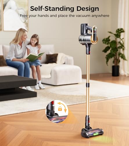 RENDOW Cordless Vacuum Cleaner, 600W 50Kpa 65Mins Vacuum Cleaners for Home, Self-Standing Cordless Stick Vacuum with LED Display,Anti-Tangle Rechargeable Wireless Vacuum for Pet Hair/Carpet/Hard Floor