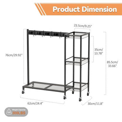 Cleaning Cart on Wheels,Broom Holder with Cleaning Supplies Organizer,10 Grippers, 4 Double-sided Hooks, 3-tier Shelves Broom and Mop Utility Carts for Laundry, Garage, Tool Room Black