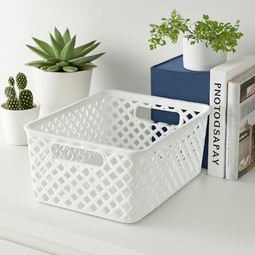 Medium Decorative Plastic Storage Basket, White Organizer Bin, 14 x 11.5 x 5.3 Inches for Home, Closet, Bathroom, Kitchen Organization