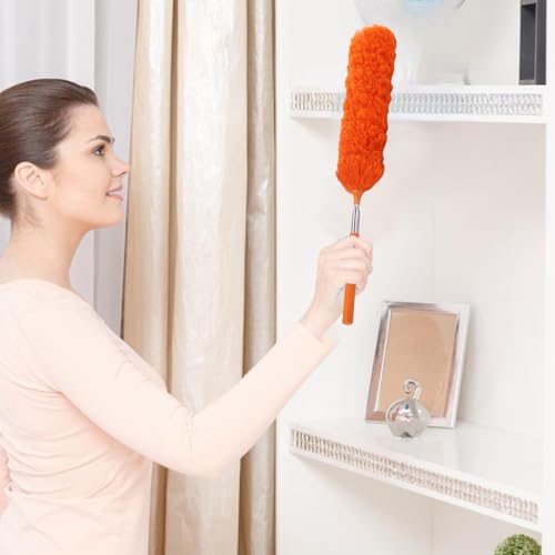 Extendable Feathers Duster Bendable Microfiber Long Handled Duster, Flexible Hand Cobweb Cleaner with Telescoping Pole for Cleaning High Ceiling Fans, Cars, Blinds, Cobweb, Furniture - color: Orange