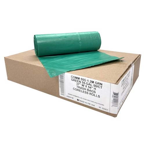 Ultrasac Heavy Duty 55 Gallon Green Trash Bags - (Value 50 Pack) - 1.5 MIL equivalent Industrial Strength Plastic 37" x 54" for 50-55 Gal Cans -Fits Toter, Rubbermaid Brute, Carlislie Bronco etc. - color: Green, style: 50-55 Gal, 1.5 Mil Equiv, 50 Count