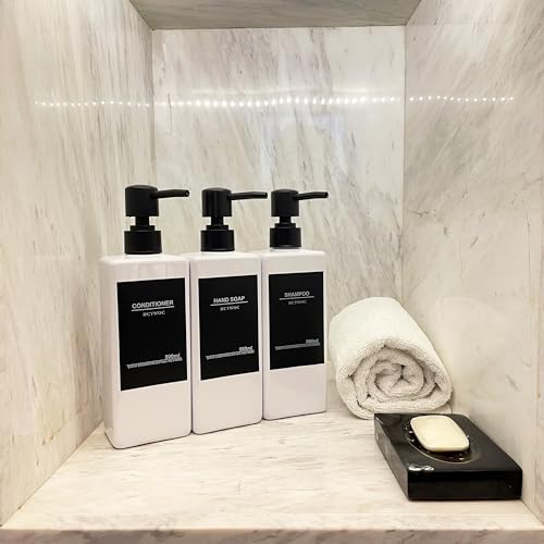 Shampoo Dispenser for Shower Wall, Shampoo and Conditioner Dispenser with 16 Waterproof Labels, No Drill Shower Soap Dispenser Bathroom, Shower Soap Dispenser Wall Mounted 3 Chamber, 17oz,White - color: White Bottle + Black Pump