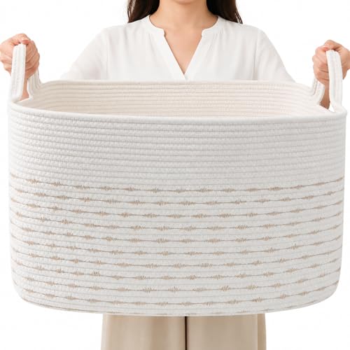 Large Blanket Basket,Woven Rope Basket Storage Bin with Handles,65L Rectangle Laundry Basket for Magazines,Toys,Clothes,Newspaper Shelf Organization,Nursery and Living Room,White&Yellow - color: White & Yellow, size: 21"x16"x12"(65L)
