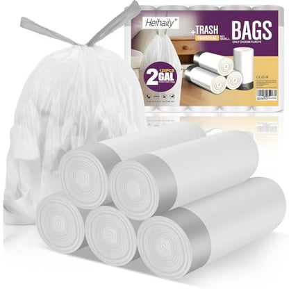 Small-Garbage-Bag 2-Gallon-Size Trash Bags Drawstring - Unscented Clear White Mini Bulk Drum Plastic Liners Recycling for Kitchen Office Bathroom Can Waste Basket, 5 Rolls, 120 Counts - style: 2Gal white 120 Counts